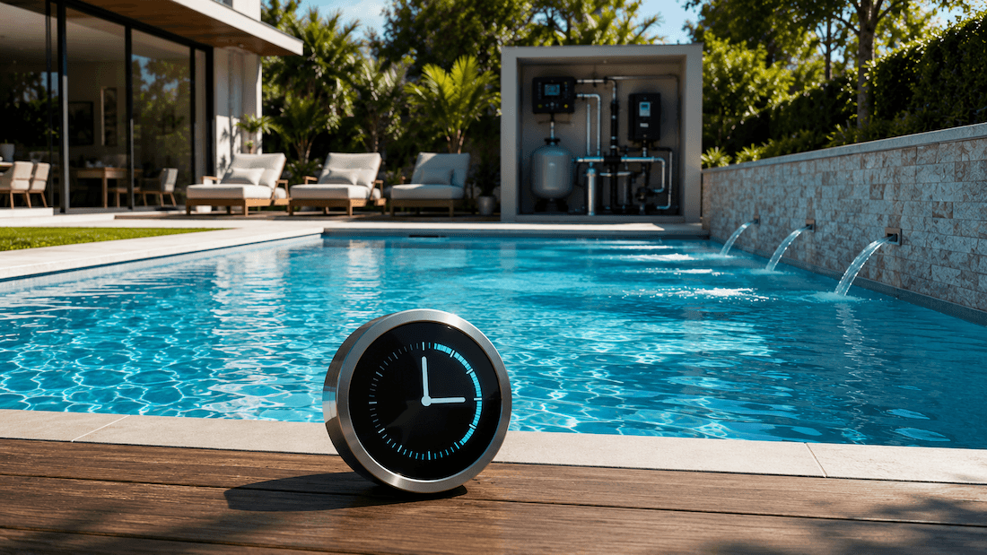 Piscine avec système de filtration en fonctionnement et horloge illustrant le temps de filtration quotidien recommandé selon la température de l’eau.