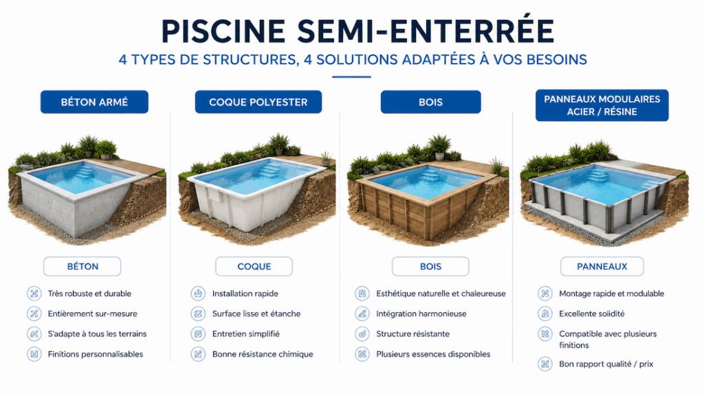 Comparatif des différents types de piscine semi-enterrée en béton armé, coque polyester, bois et panneaux modulaires.