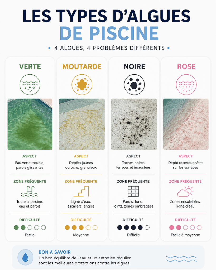 Comparatif des différents types d’algues de piscine : verte, moutarde, noire et rose.