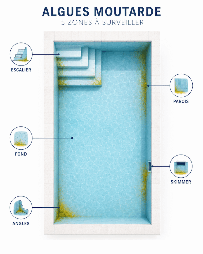 Schéma des principales zones où apparaît l’algue moutarde dans une piscine : escalier, parois, fond, angles et skimmer.
