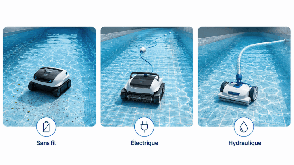 Comparatif entre robot de piscine sans fil, robot électrique et robot hydraulique pour l’entretien du bassin.