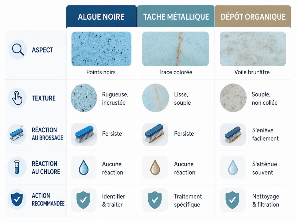 Tableau comparatif pour identifier une algue noire, une tache métallique ou un dépôt organique dans une piscine