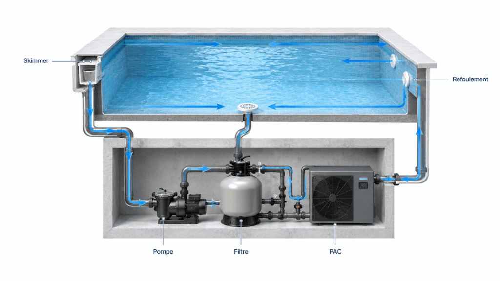 Schéma du circuit de filtration d’une piscine avec skimmer, pompe, filtre, pompe à chaleur et buses de refoulement.