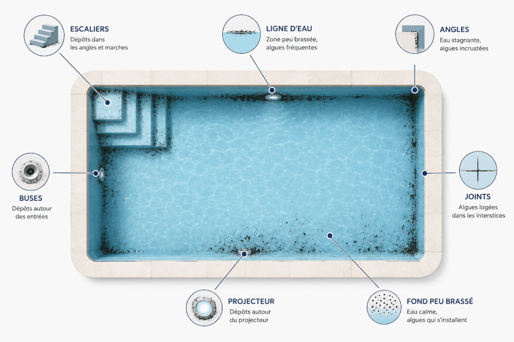 Schéma des zones de piscine les plus exposées aux algues noires : escaliers, joints, angles et projecteurs