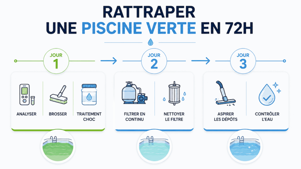 Étapes pour rattraper une piscine verte en 72 heures : analyse, brossage, traitement choc et filtration.