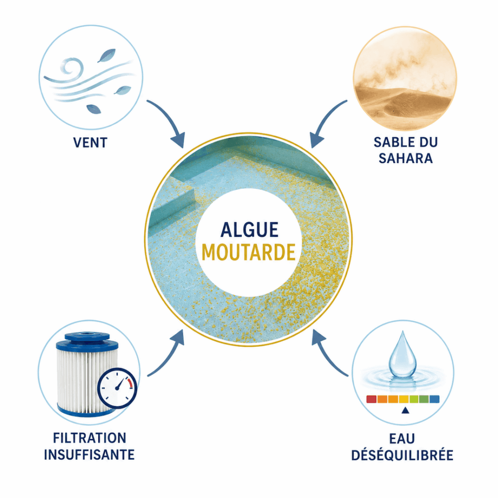Infographie présentant les principales causes d’apparition de l’algue moutarde dans une piscine : vent, sable du Sahara, filtration insuffisante et eau déséquilibrée.
