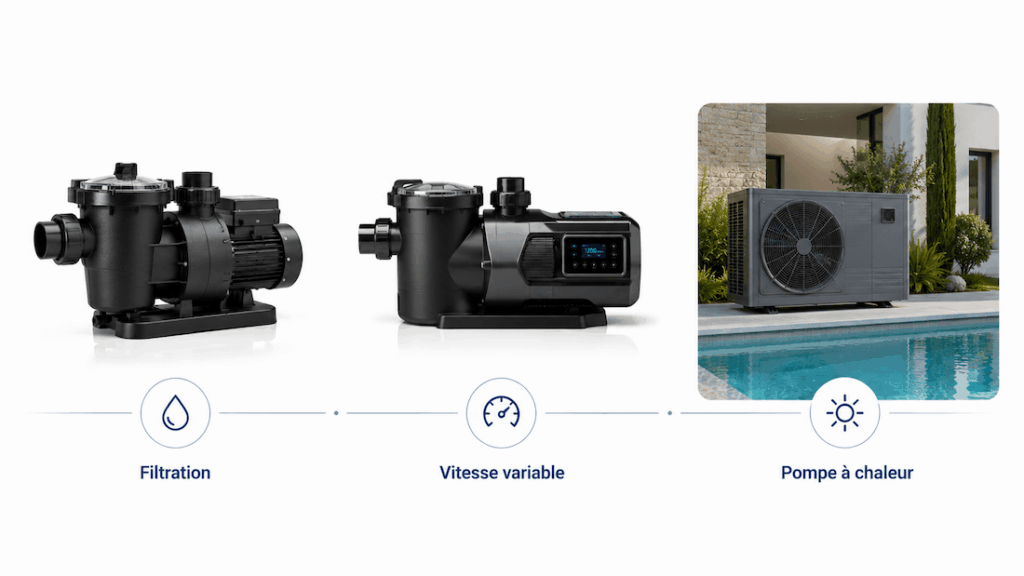 Comparatif des équipements de circulation et de chauffage de piscine avec pompe de filtration, pompe à vitesse variable et pompe à chaleur.