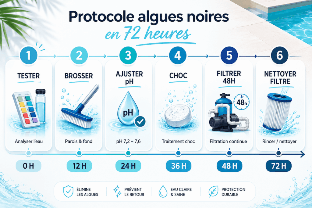 Protocole complet de traitement des algues noires dans une piscine en 72 heures