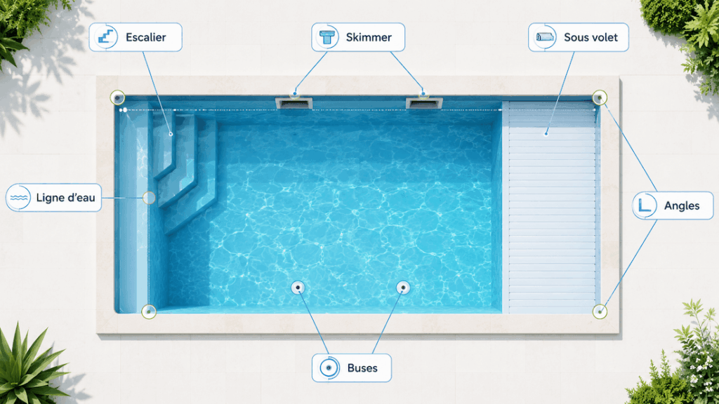 Zones d’une piscine où les algues apparaissent le plus souvent : escaliers, skimmers, buses, ligne d’eau et sous volet.