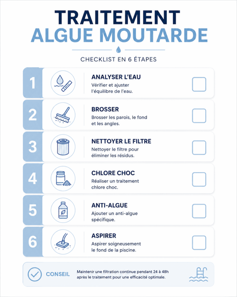 Checklist des 6 étapes essentielles pour éliminer efficacement une algue moutarde dans une piscine.