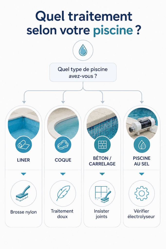 Arbre décisionnel pour choisir le traitement des algues noires selon le type de piscine