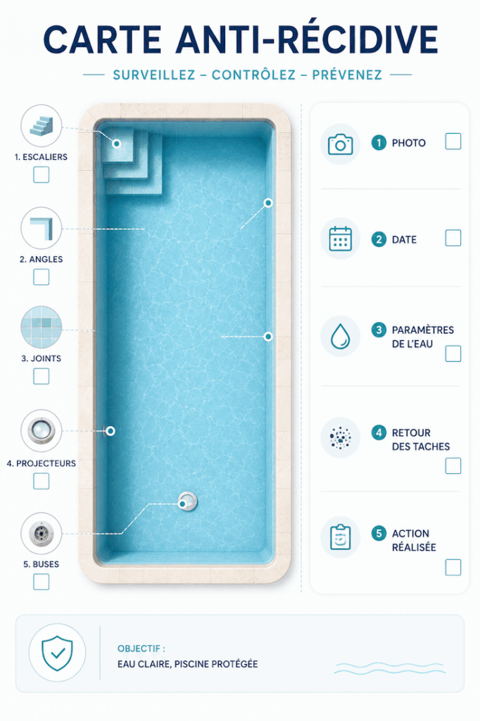 Carte de suivi des zones sensibles pour prévenir le retour des algues noires dans une piscine