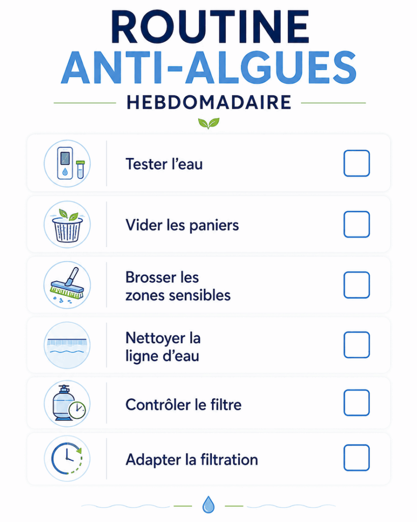 Checklist d’entretien hebdomadaire pour prévenir les algues dans une piscine.