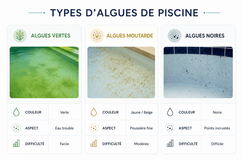 Comparatif visuel entre algues vertes, algues moutarde et algues noires dans une piscine