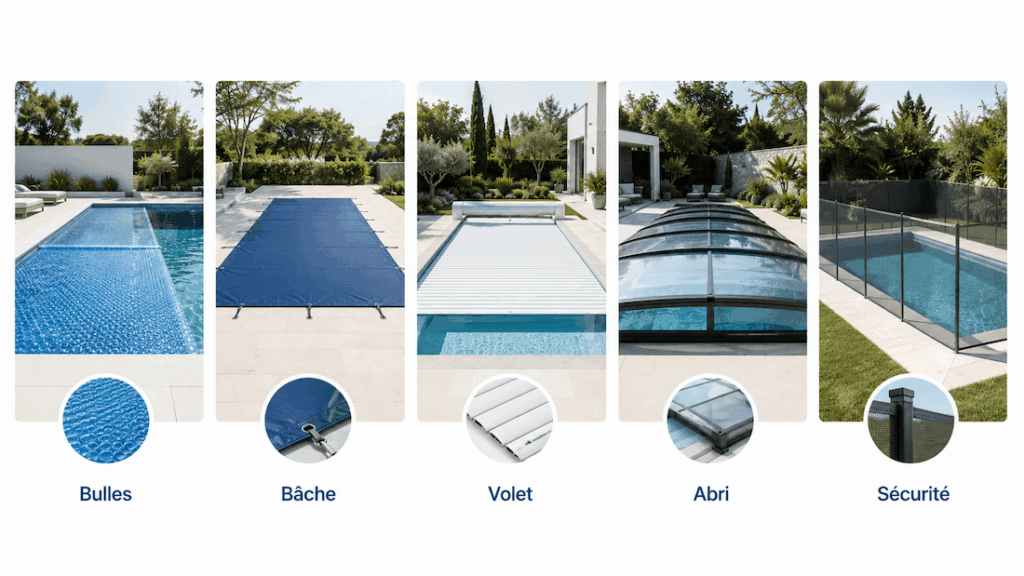 Comparatif des protections de piscine : bâche à bulles, bâche de sécurité, volet roulant, abri et clôture.