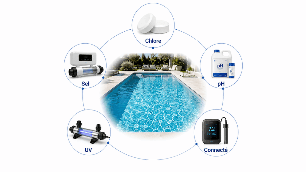 Comparatif des systèmes de traitement de l’eau de piscine : chlore, électrolyse au sel, UV, régulation pH et équipements connectés.
