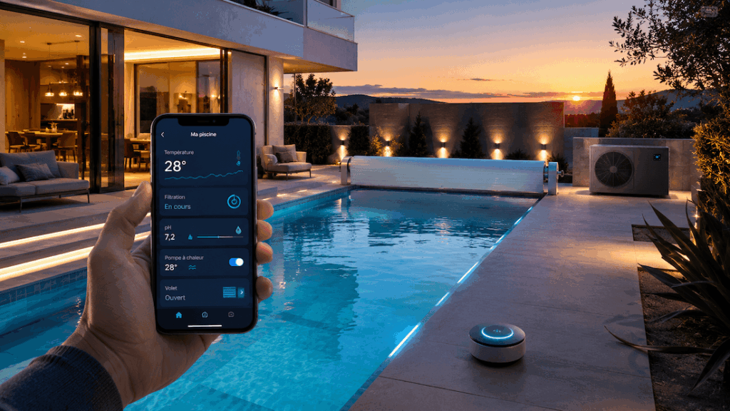 Piscine connectée pilotée depuis une application mobile avec contrôle de la filtration, du pH, du chauffage et du volet.