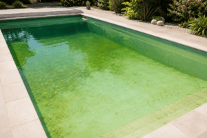 Piscine avec eau verte causée par une prolifération d’algues et un déséquilibre de l’eau.