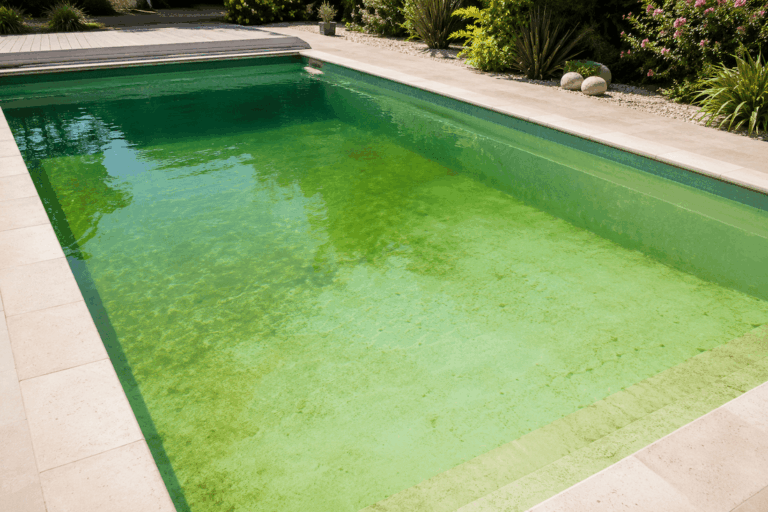 Piscine avec eau verte causée par une prolifération d’algues et un déséquilibre de l’eau.