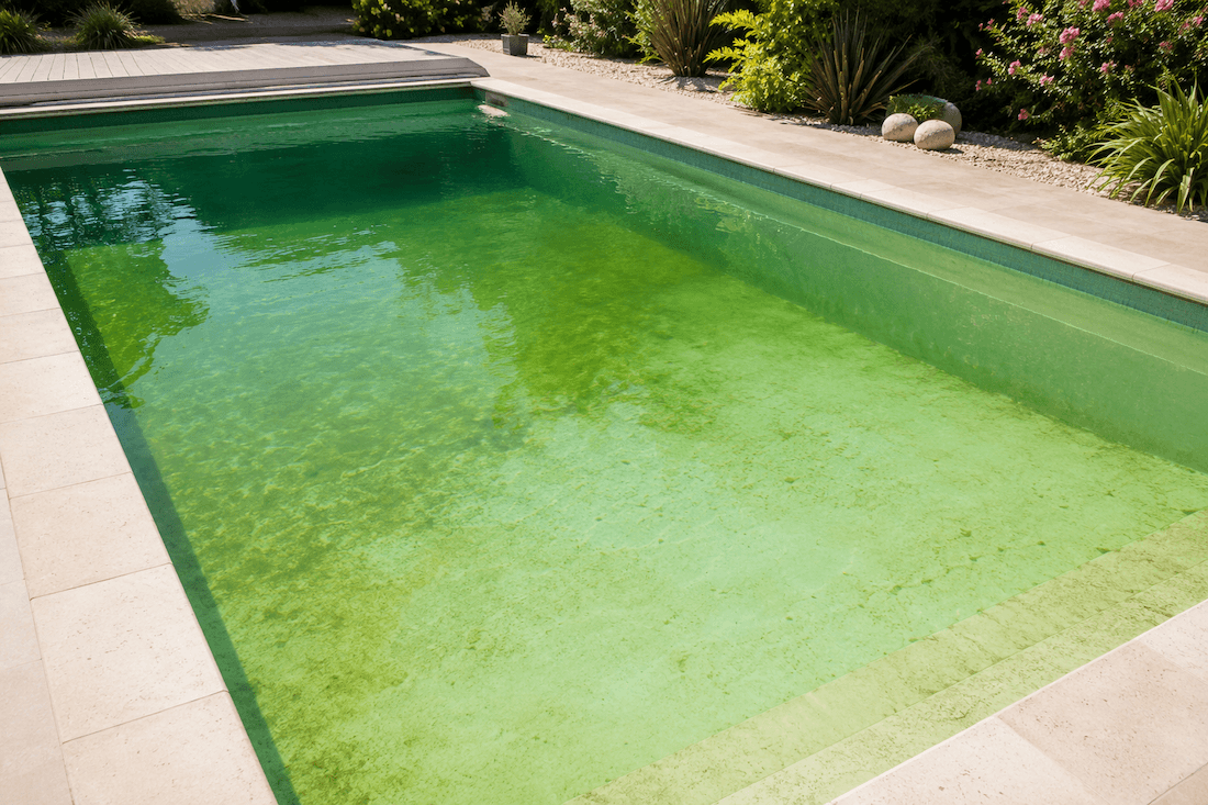 Piscine avec eau verte causée par une prolifération d’algues et un déséquilibre de l’eau.