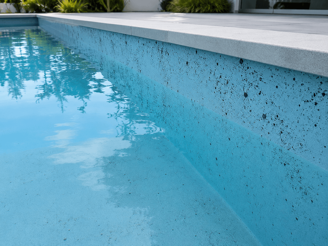 Taches d’algues noires incrustées sur la paroi d’une piscine enterrée