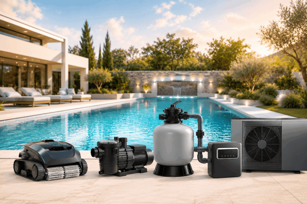 Comparatif des équipements de piscine avec robot nettoyeur, pompe de filtration, filtre à sable et pompe à chaleur devant un bassin moderne.