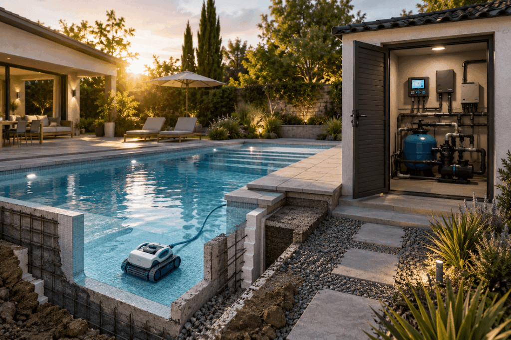 Piscine enterrée moderne en construction avec robot nettoyeur, local technique visible et jardin aménagé.