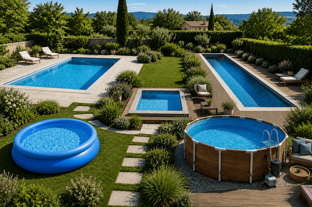 Comparatif visuel avec piscine enterrée, mini piscine, couloir de nage, piscine hors sol et piscine gonflable dans un jardin paysager.