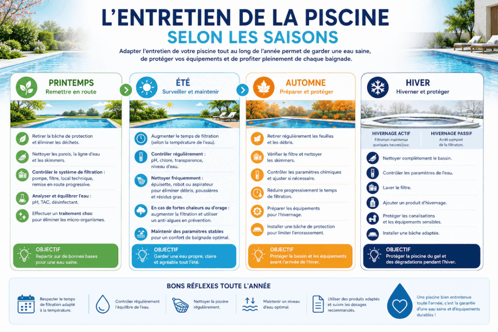 Guide d’entretien de piscine selon les saisons avec conseils pour le printemps, l’été, l’automne et l’hiver