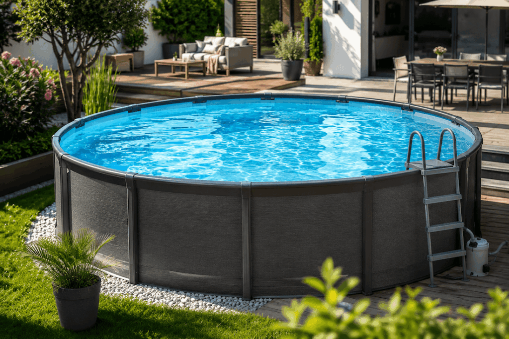 Piscine hors sol ronde installée dans un jardin moderne avec terrasse en bois et espace détente.