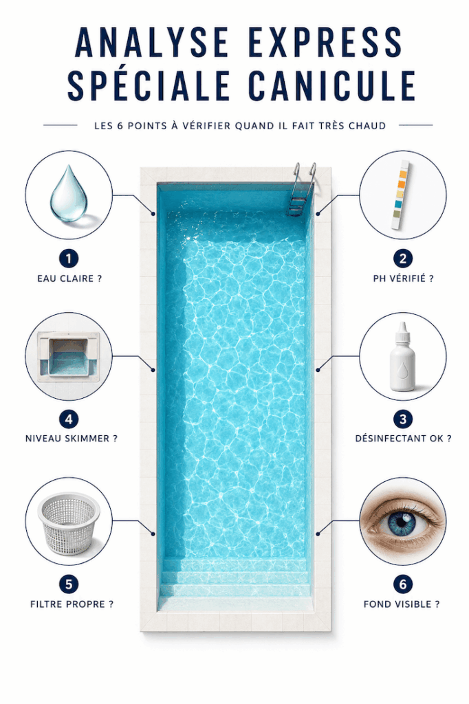 Checklist d’analyse de l’eau de piscine pendant la canicule avec les 6 points à vérifier : eau claire, pH, désinfectant, niveau skimmer, filtre propre et fond visible.