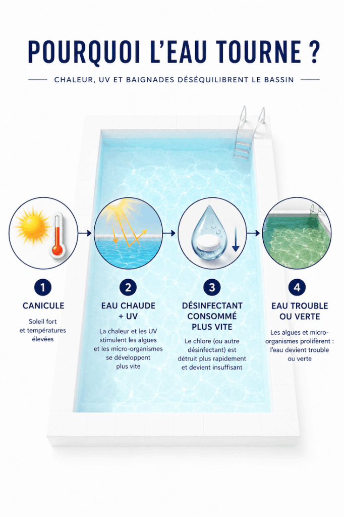 Schéma expliquant pourquoi l’eau de piscine peut devenir trouble ou verte pendant la canicule à cause de la chaleur, des UV et du désinfectant consommé plus vite.