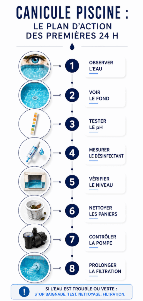 Plan d’action des premières 24 heures pour protéger une piscine pendant la canicule : observer l’eau, tester le pH, mesurer le désinfectant, vérifier le niveau et prolonger la filtration.