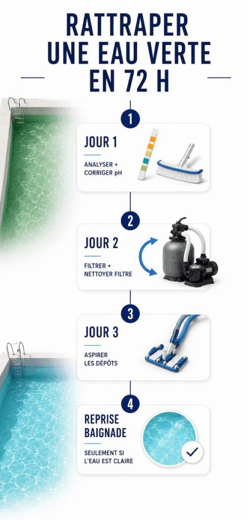 Timeline pour rattraper une eau verte de piscine en 72 heures pendant la canicule avec analyse, correction du pH, filtration, nettoyage du filtre et reprise de baignade si l’eau est claire.