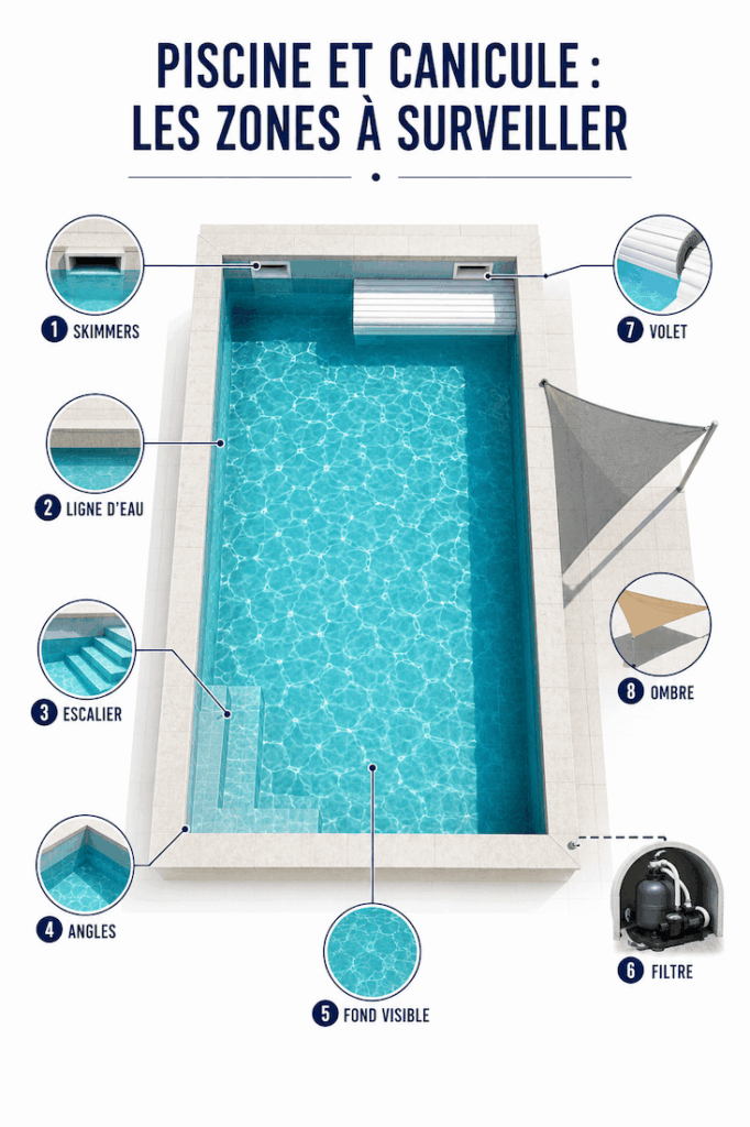 Image annotée des zones à surveiller sur une piscine pendant la canicule : skimmers, ligne d’eau, escalier, angles, fond visible, filtre, volet et zone d’ombre.