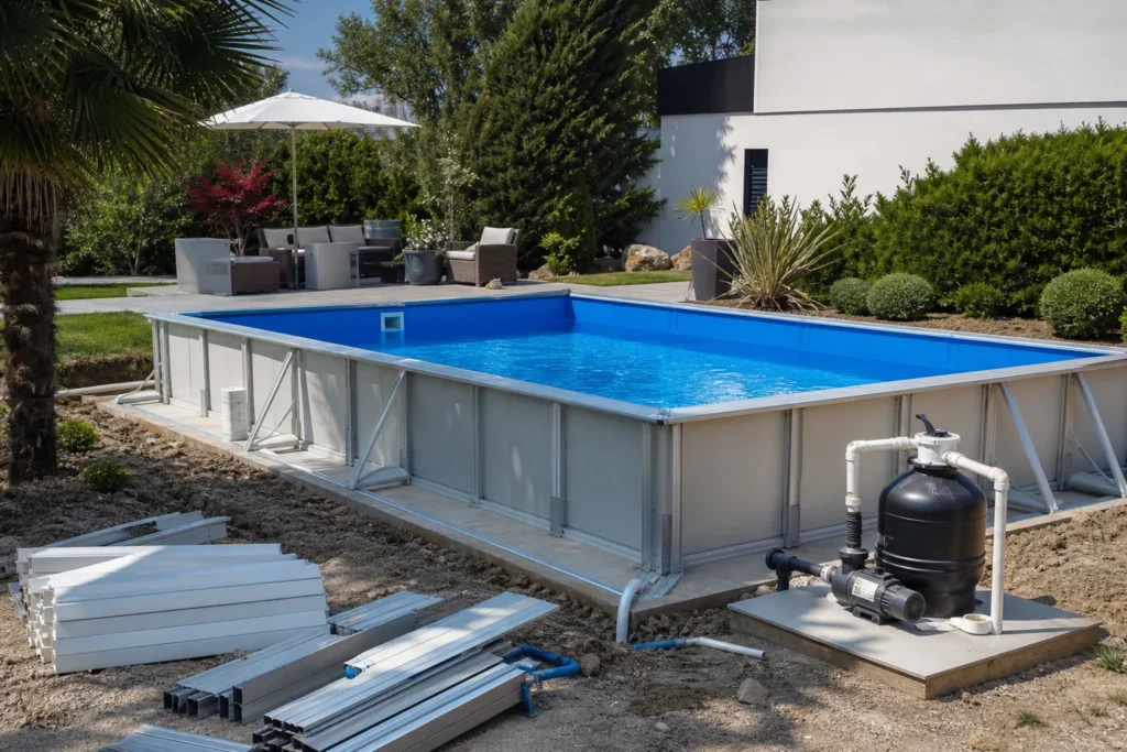 Piscine à panneaux modulaires installée dans un jardin
