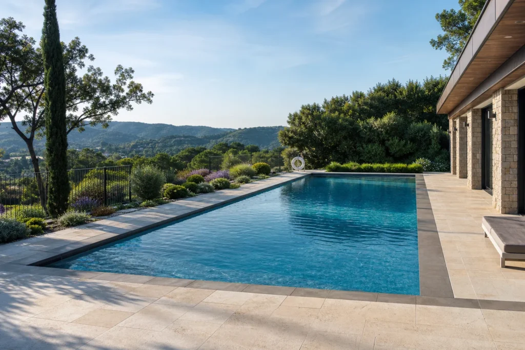 Piscine enterrée intégrée dans un jardin paysager avec terrasse