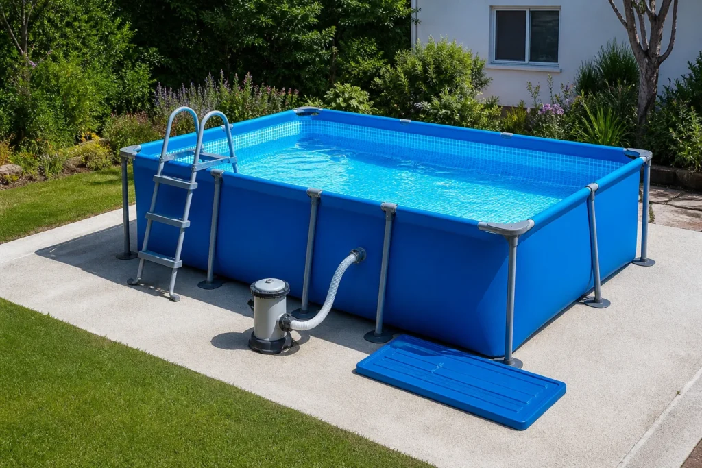 Piscine tubulaire rectangulaire avec structure en acier et liner en PVC dans un jardin