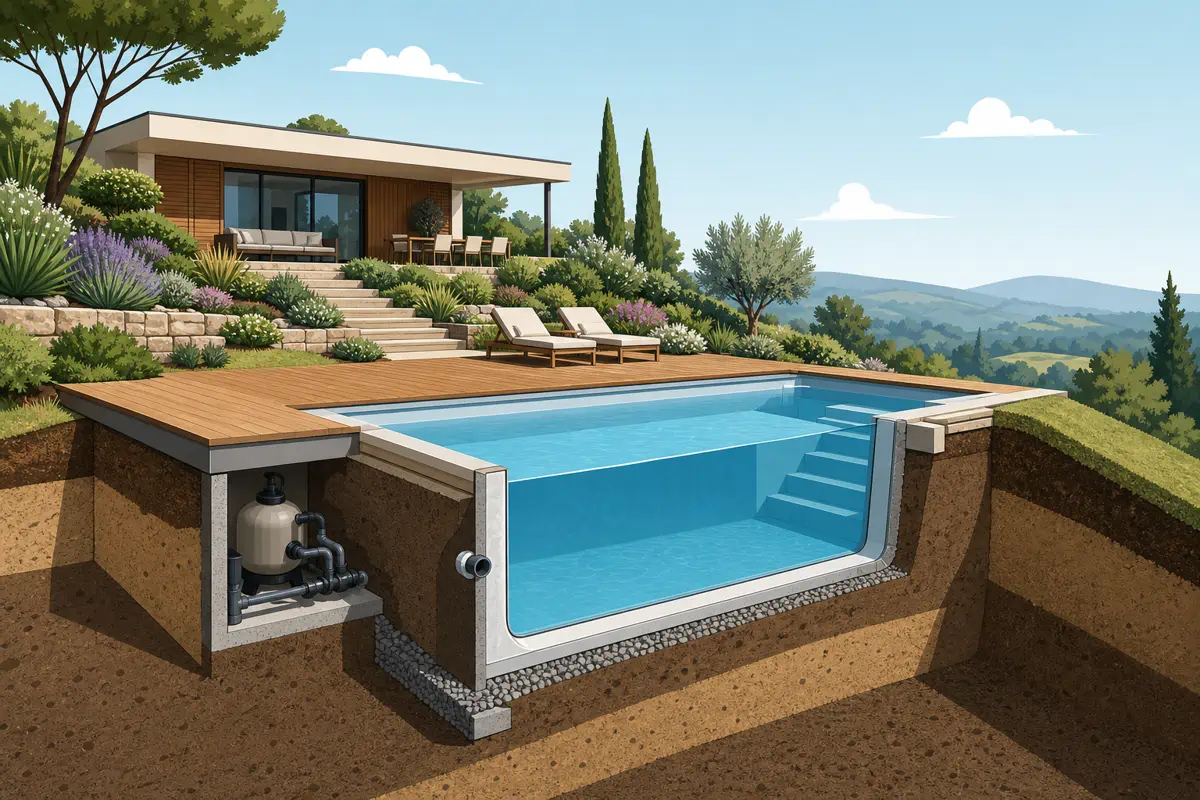 Une piscine semi-enterrée s’adapte aux différences de niveau du terrain.