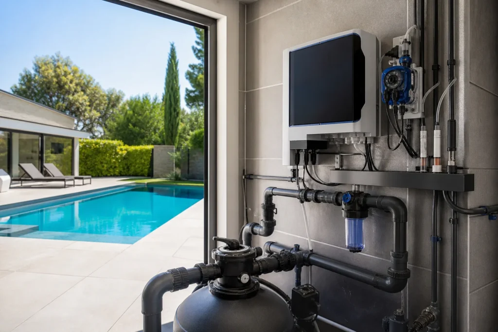 Automatisation du traitement de l’eau d’une piscine avec régulateur et pompe doseuse