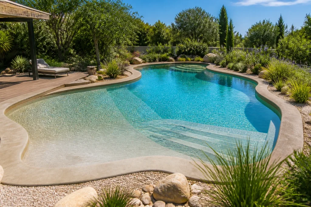 Piscine en coffrages modulaires aux formes arrondies avec plage immergée et escalier roman