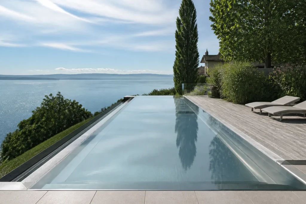 Piscine inox à débordement avec reflets métalliques face au lac