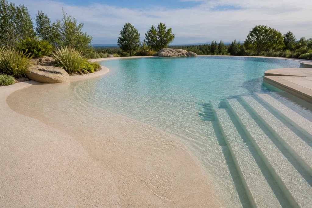 Piscine avec plage immergée et escalier antidérapant pour un accès piscine progressif