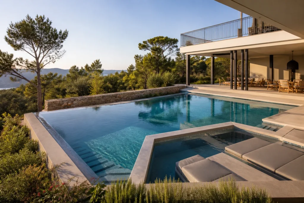 Piscine en béton sur mesure aux formes personnalisées et aux finitions soignées