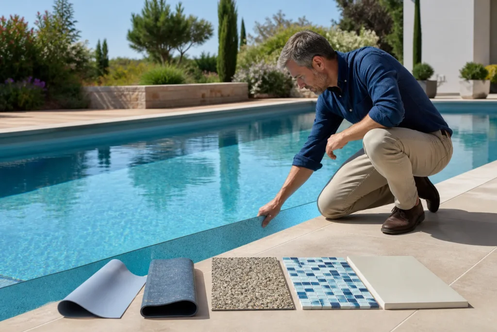 Professionnel comparant différents revêtements de piscine au bord d’un bassin