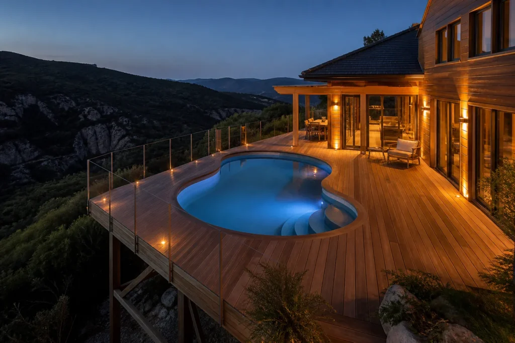 Piscine en kit avec terrasse en bois sur pilotis aménagée sur un terrain en pente