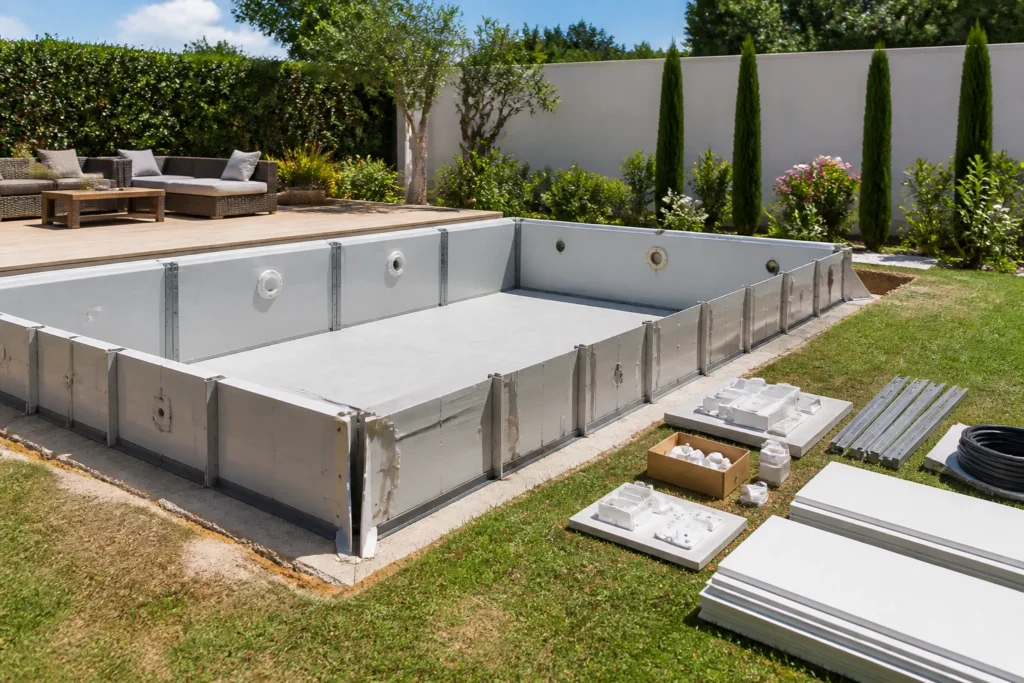 Piscine en panneaux modulaires en cours d’assemblage sur un terrain préparé