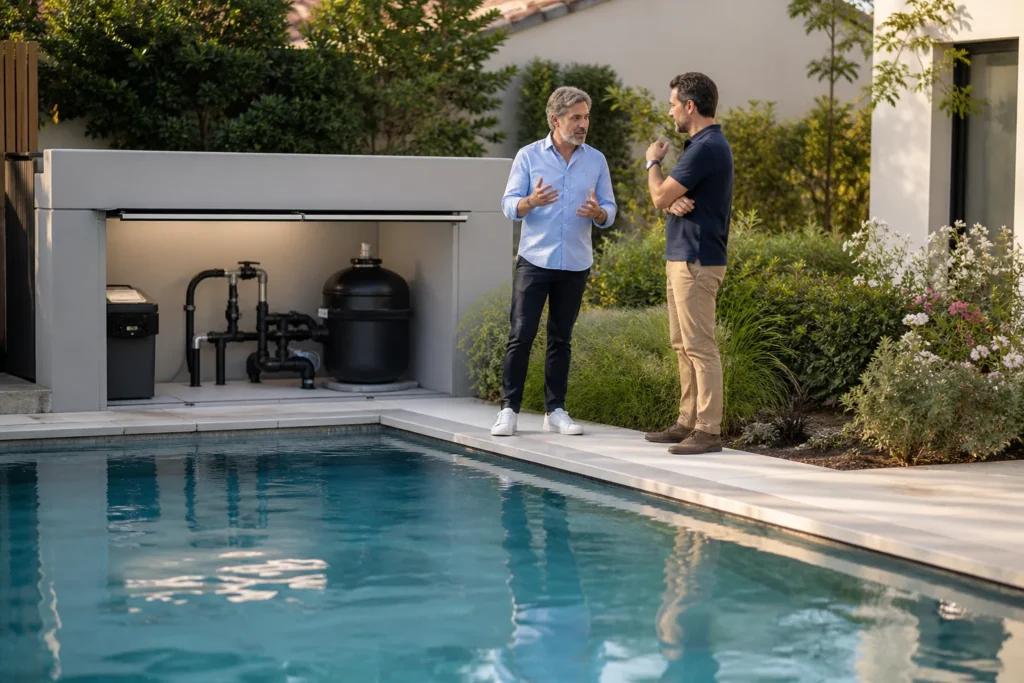 Un particulier échange avec un pisciniste au bord d’une piscine pour bien choisir son professionnel
