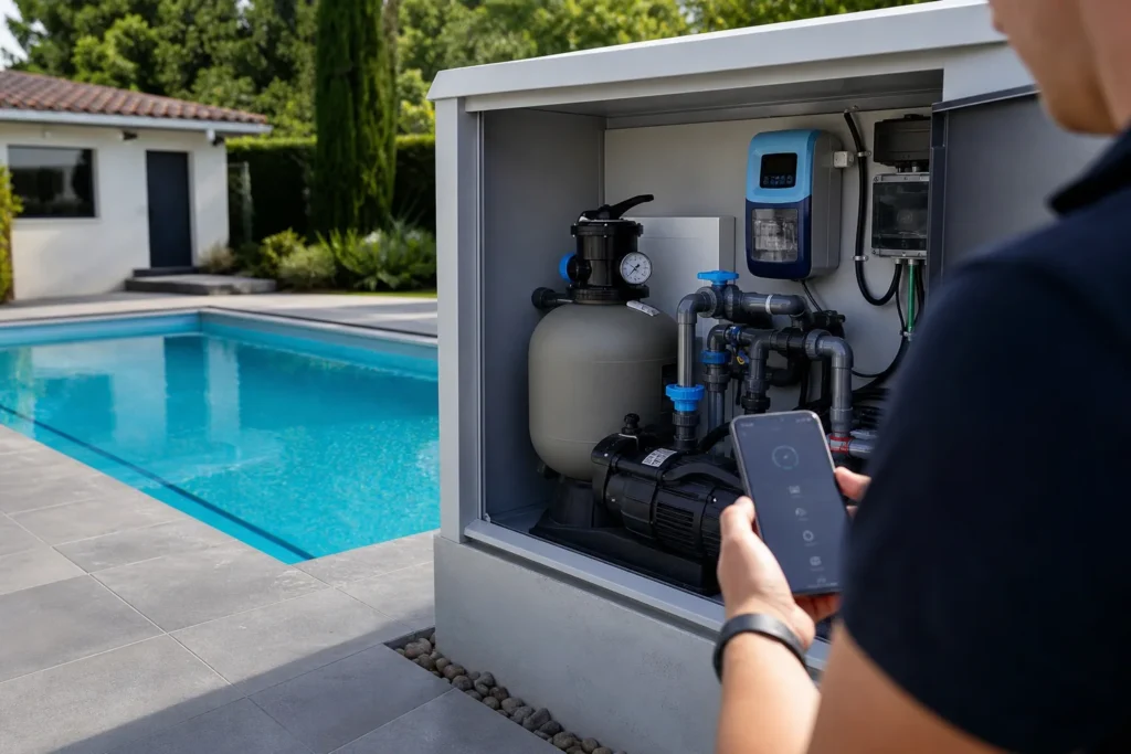 Piscine automatisée avec coffret intelligent et équipements de contrôle