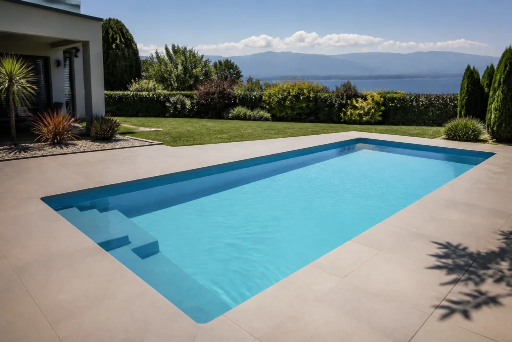 Piscine coque enterrée rectangulaire avec escalier intégré et surface lisse